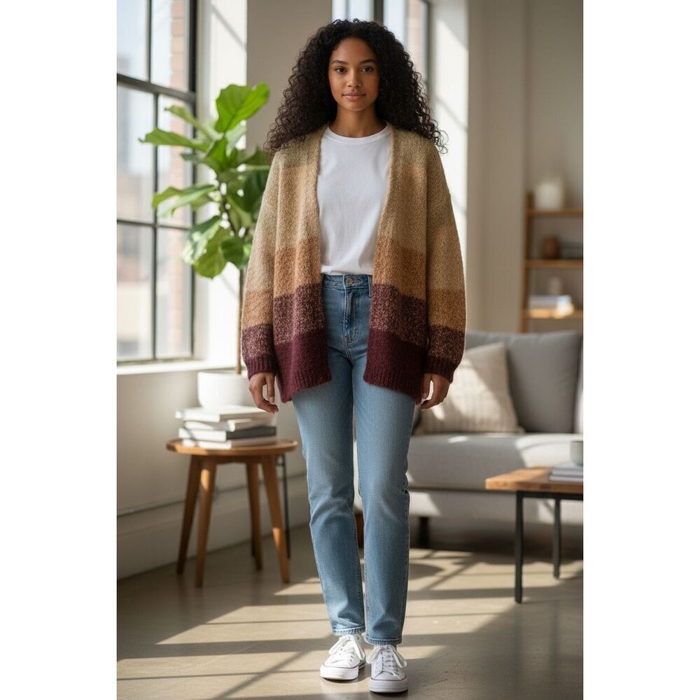 Lucky Brand Brown Ombre Dye Oversize Open Cardigan In Rust Wool Blend Size M